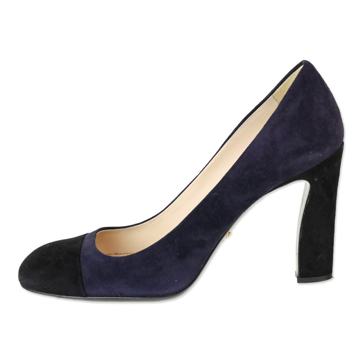 Prada Navy Suede Black Cap Square Toe Pump