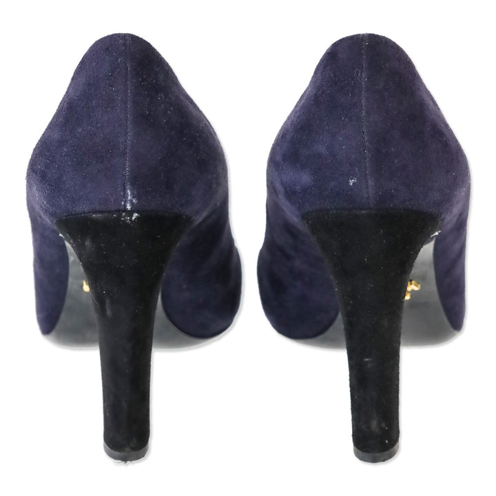 Prada Navy Suede Black Cap Square Toe Pump