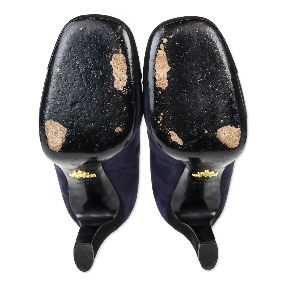 Prada Navy Suede Black Cap Square Toe Pump