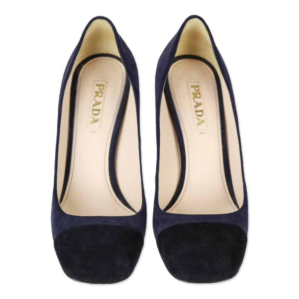 Prada Navy Suede Black Cap Square Toe Pump