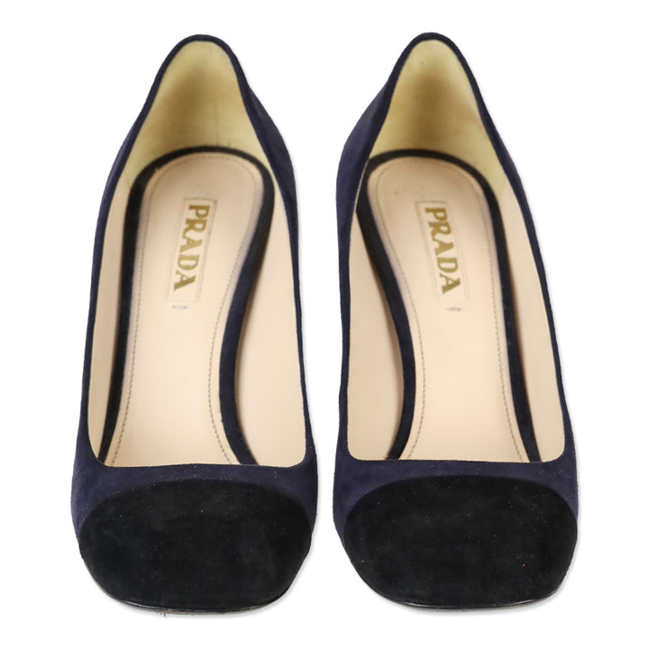 Prada Navy Suede Black Cap Square Toe Pump