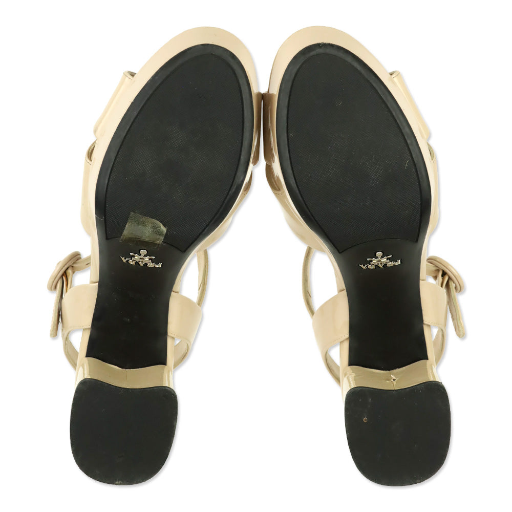 Prada Nude Patent Leather Ankle-Strap Block Heel Sandals