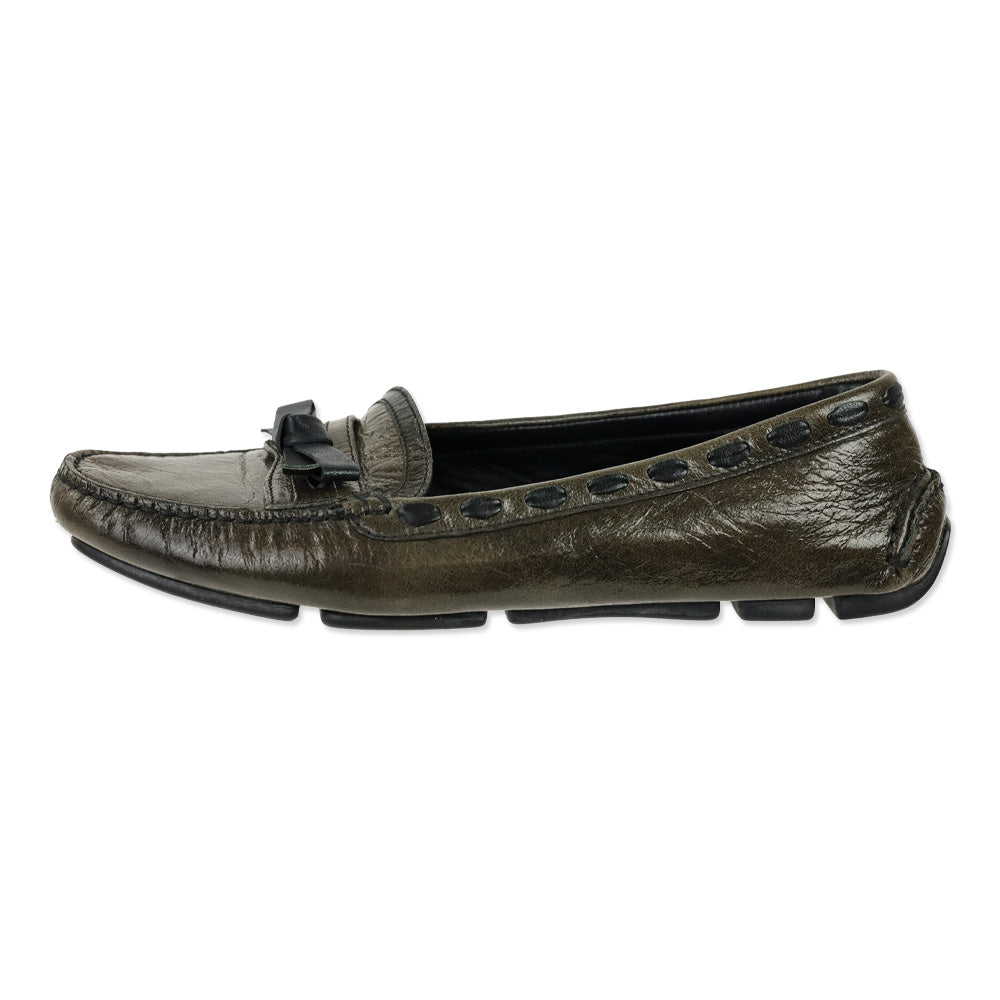 Prada Olive Crinkle Patent Leather Bow Driving Loafers