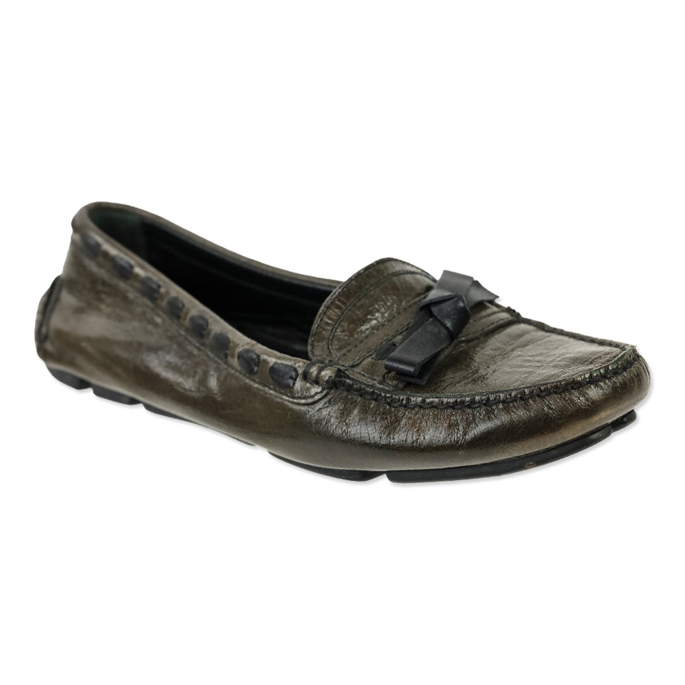 Prada Olive Crinkle Patent Leather Bow Driving Loafers