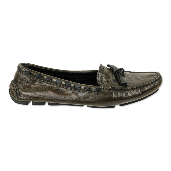 Prada Olive Crinkle Patent Leather Bow Driving Loafers