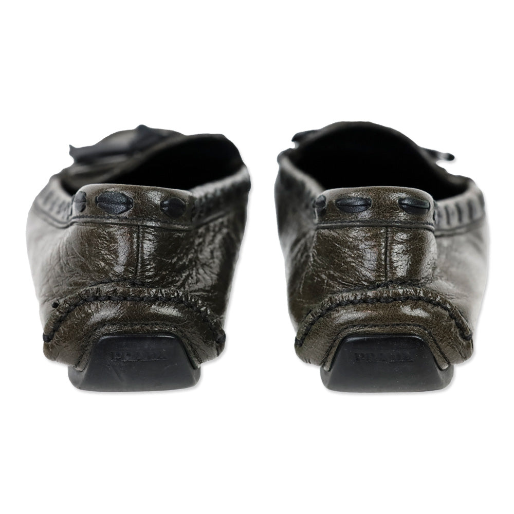 Prada Olive Crinkle Patent Leather Bow Driving Loafers