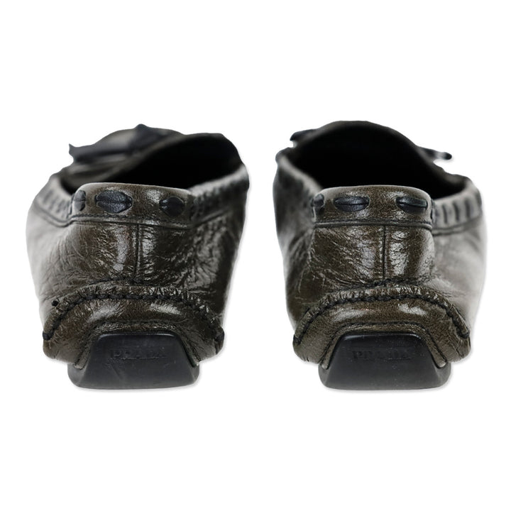 Prada Olive Crinkle Patent Leather Bow Driving Loafers