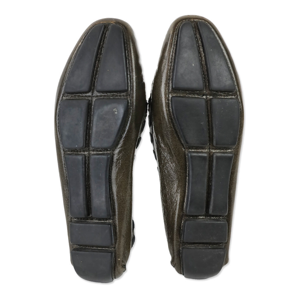 Prada Olive Crinkle Patent Leather Bow Driving Loafers