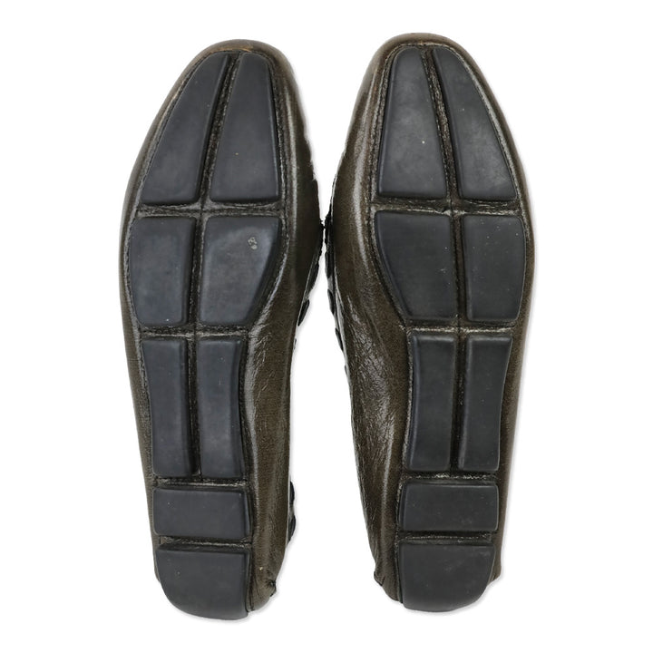 Prada Olive Crinkle Patent Leather Bow Driving Loafers