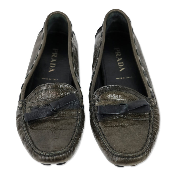 Prada Olive Crinkle Patent Leather Bow Driving Loafers