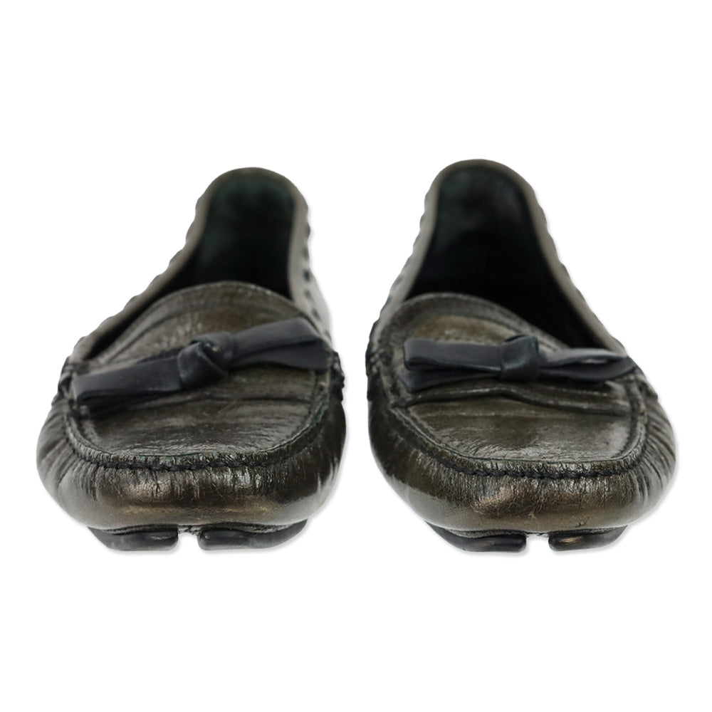 Prada Olive Crinkle Patent Leather Bow Driving Loafers