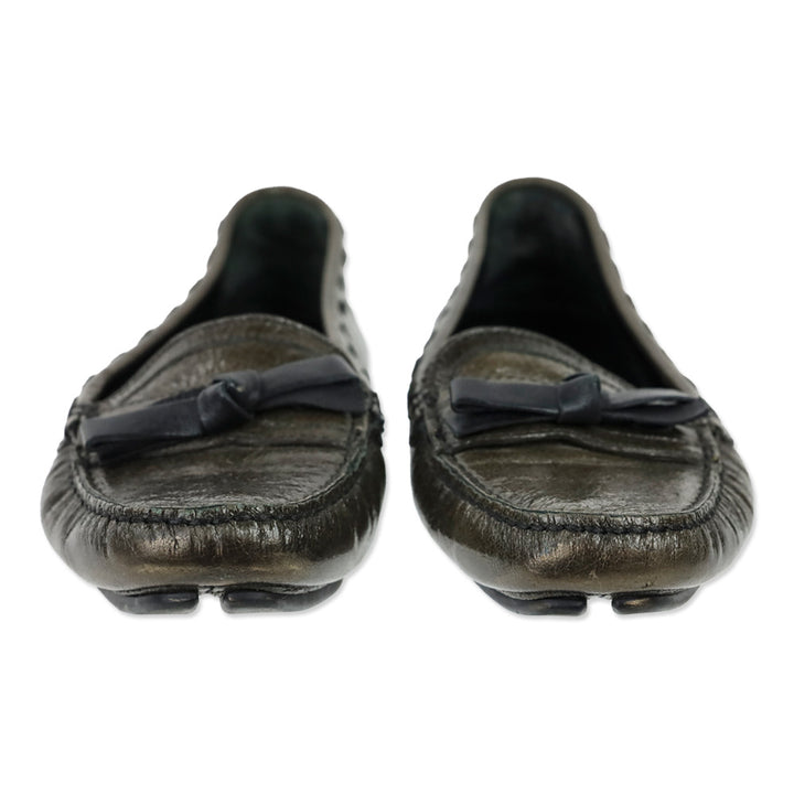 Prada Olive Crinkle Patent Leather Bow Driving Loafers