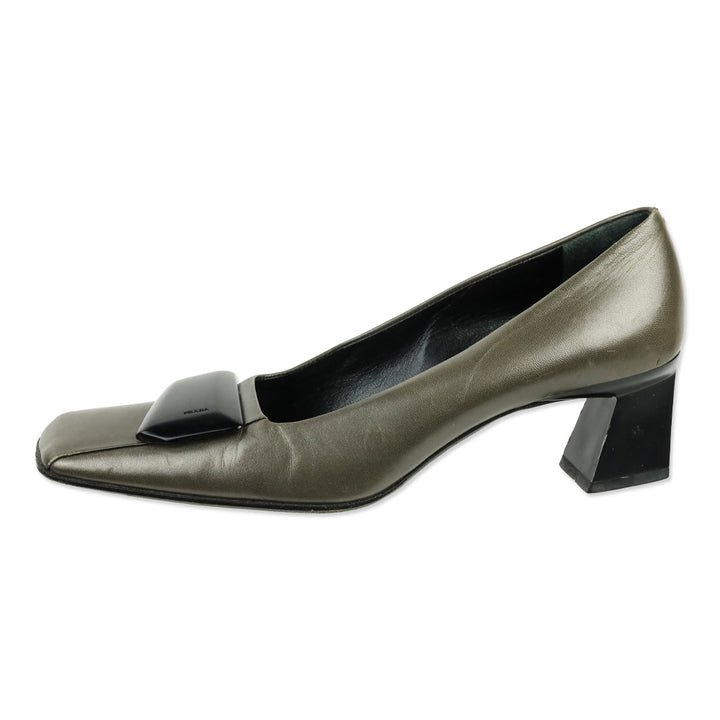 Prada Olive Grey Leather Square Toe Pumps with Black Brooch Accent