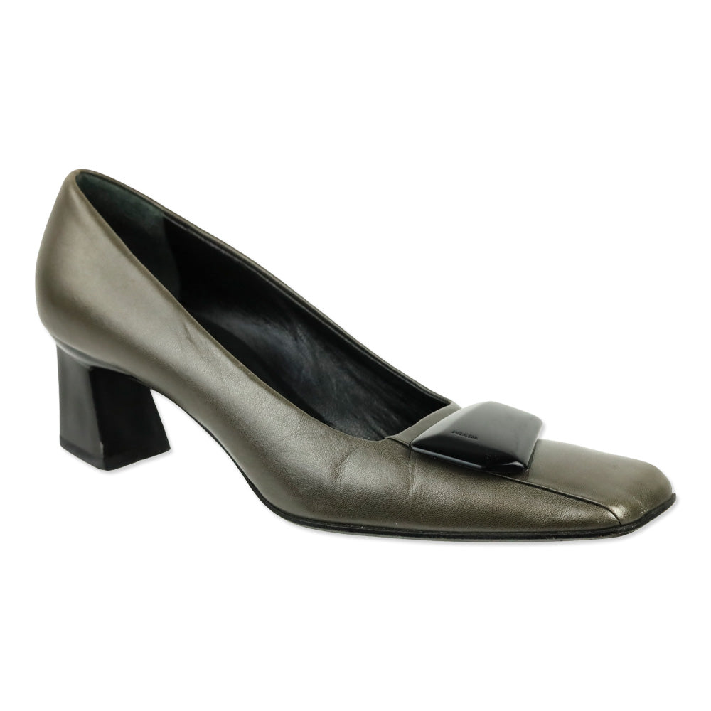 Prada Olive Grey Leather Square Toe Pumps with Black Brooch Accent