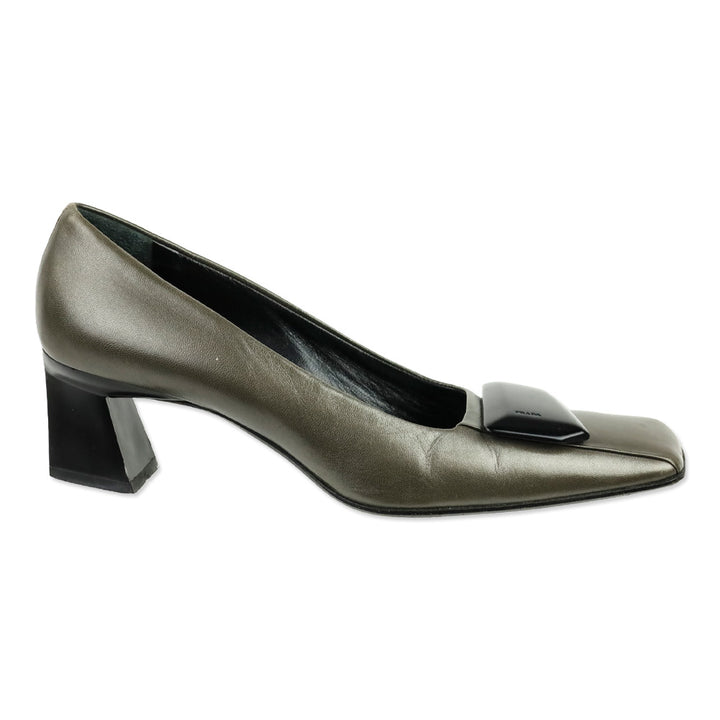 Prada Olive Grey Leather Square Toe Pumps with Black Brooch Accent