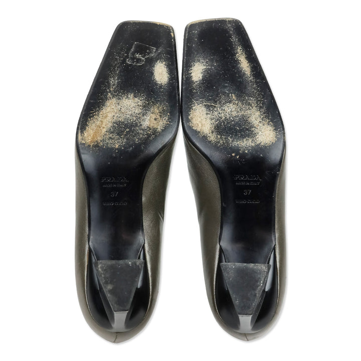Prada Olive Grey Leather Square Toe Pumps with Black Brooch Accent