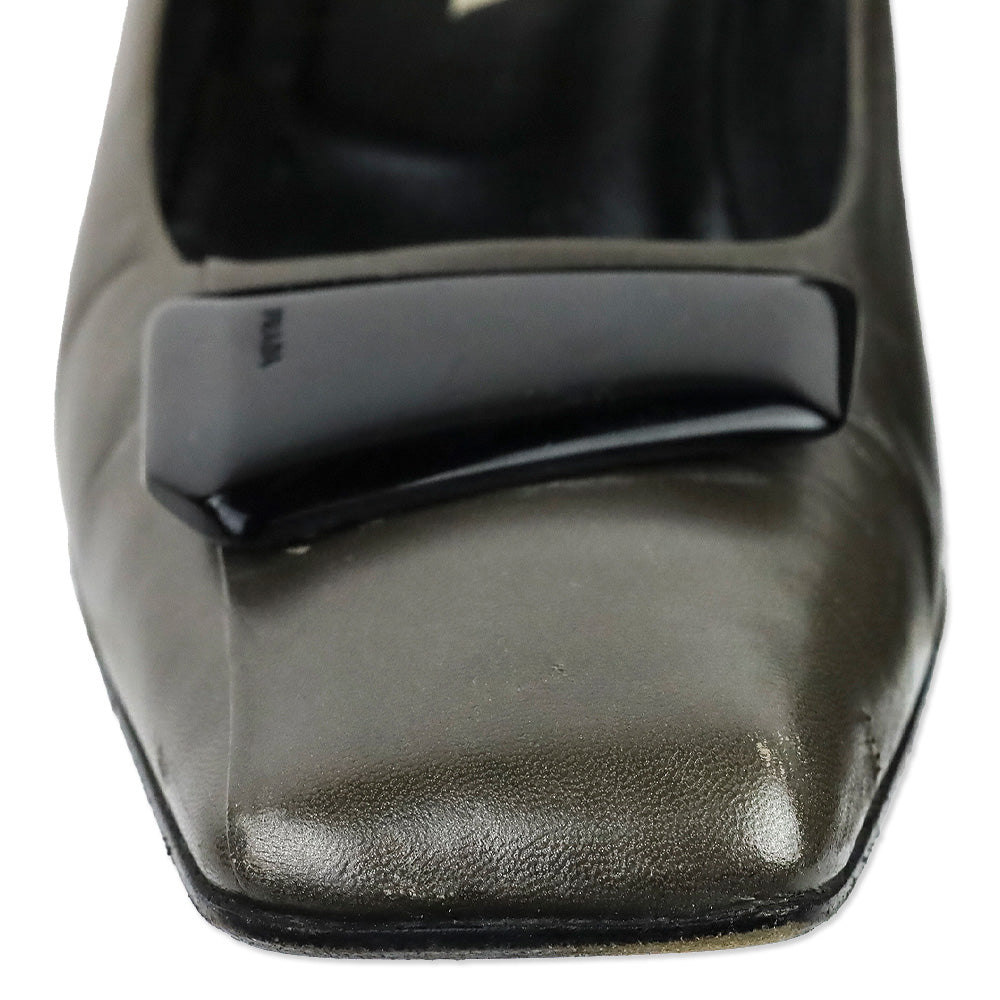 Prada Olive Grey Leather Square Toe Pumps with Black Brooch Accent