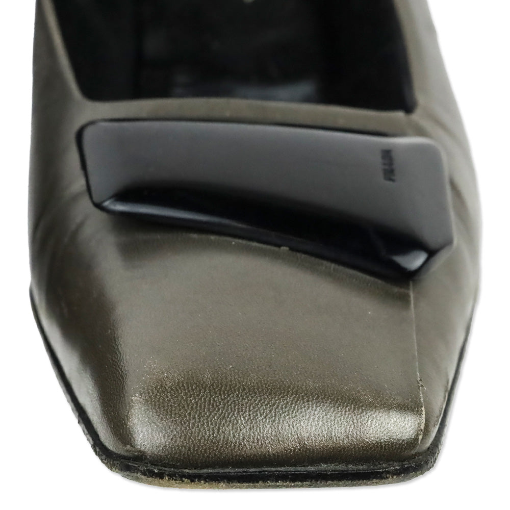 Prada Olive Grey Leather Square Toe Pumps with Black Brooch Accent