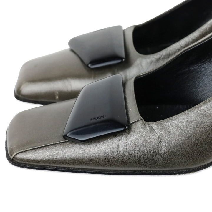 Prada Olive Grey Leather Square Toe Pumps with Black Brooch Accent