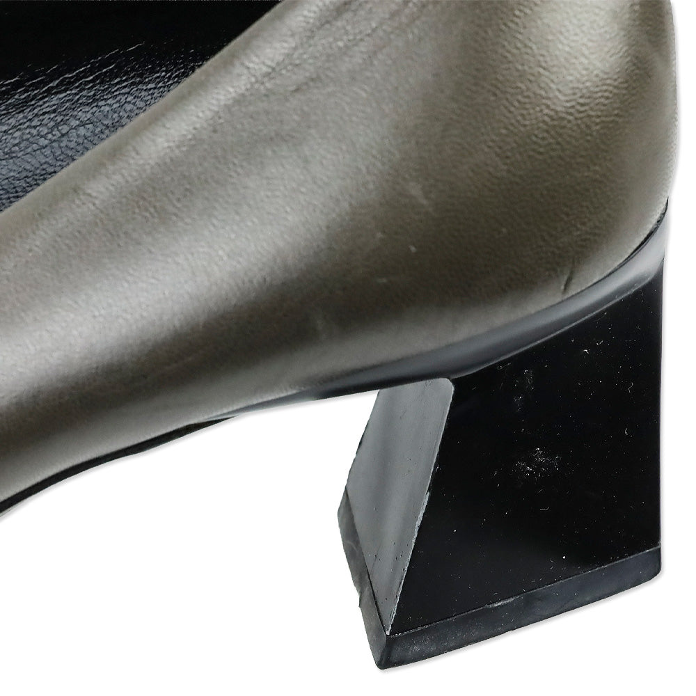 Prada Olive Grey Leather Square Toe Pumps with Black Brooch Accent