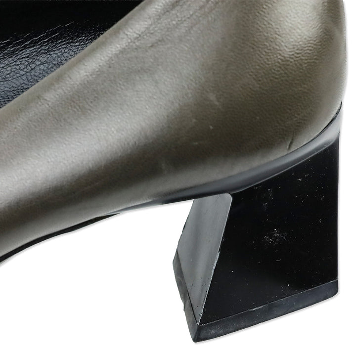 Prada Olive Grey Leather Square Toe Pumps with Black Brooch Accent