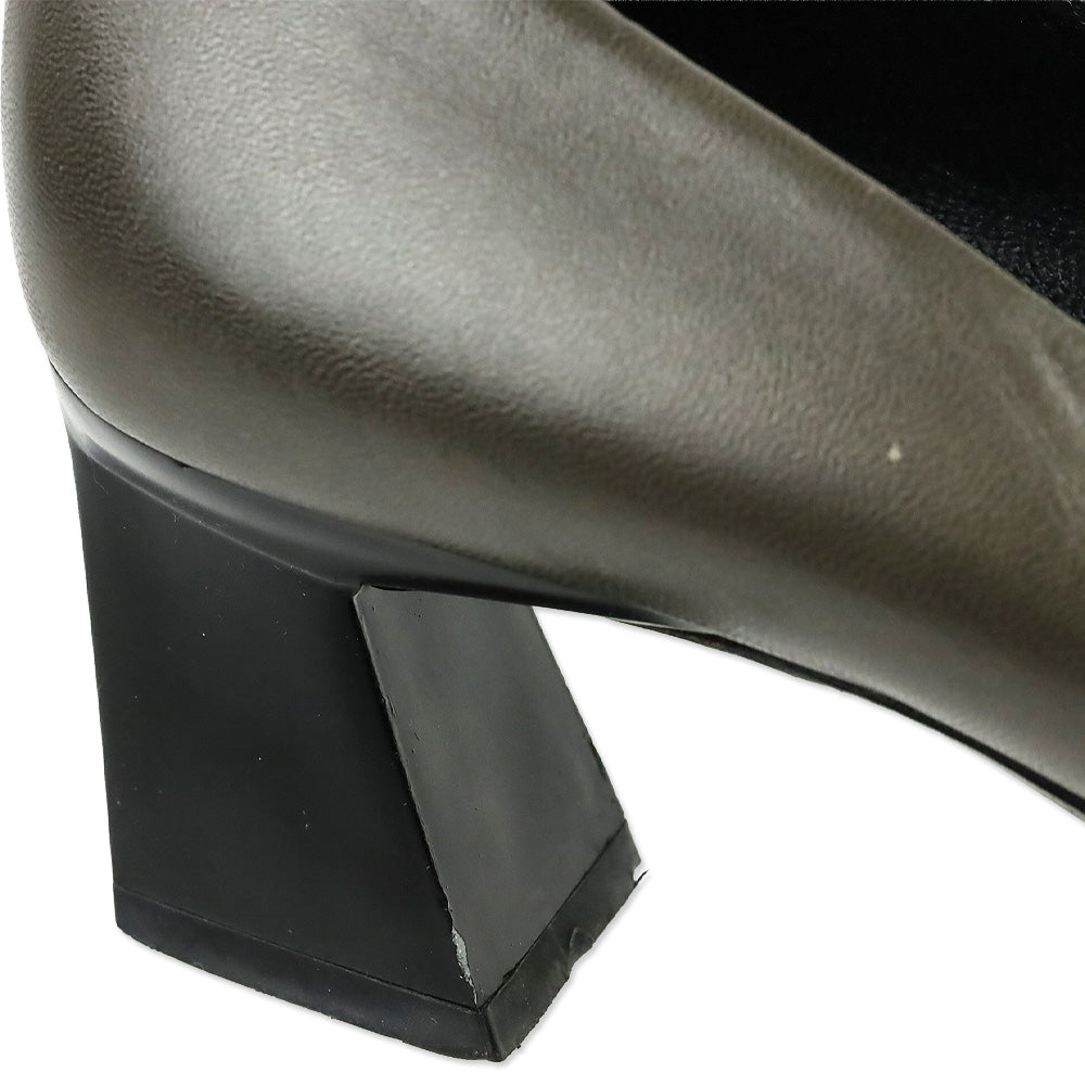 Prada Olive Grey Leather Square Toe Pumps with Black Brooch Accent