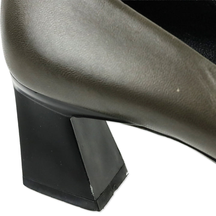 Prada Olive Grey Leather Square Toe Pumps with Black Brooch Accent