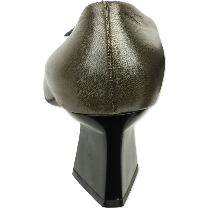 Prada Olive Grey Leather Square Toe Pumps with Black Brooch Accent