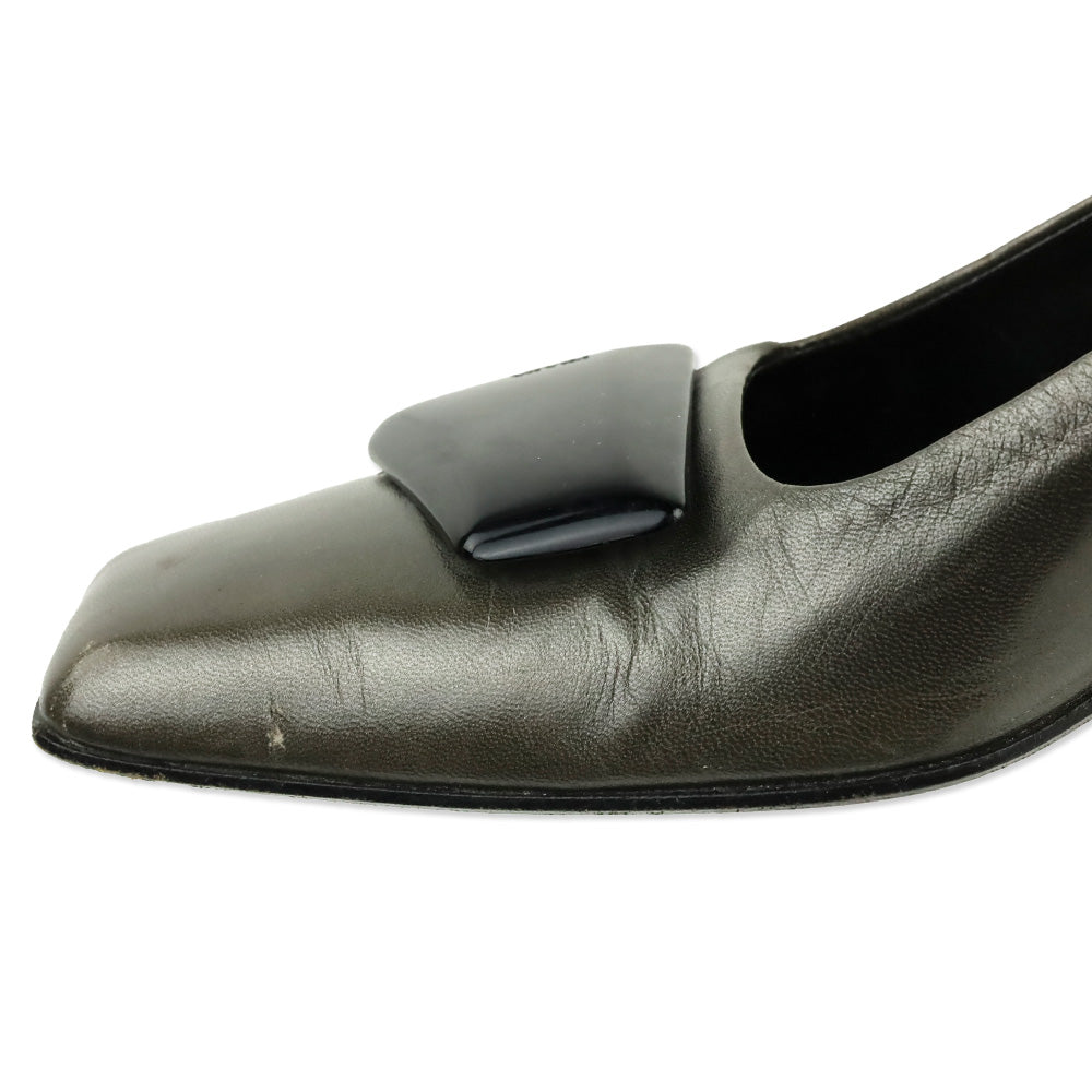 Prada Olive Grey Leather Square Toe Pumps with Black Brooch Accent