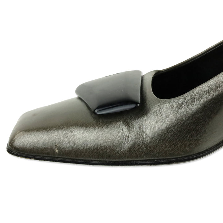 Prada Olive Grey Leather Square Toe Pumps with Black Brooch Accent