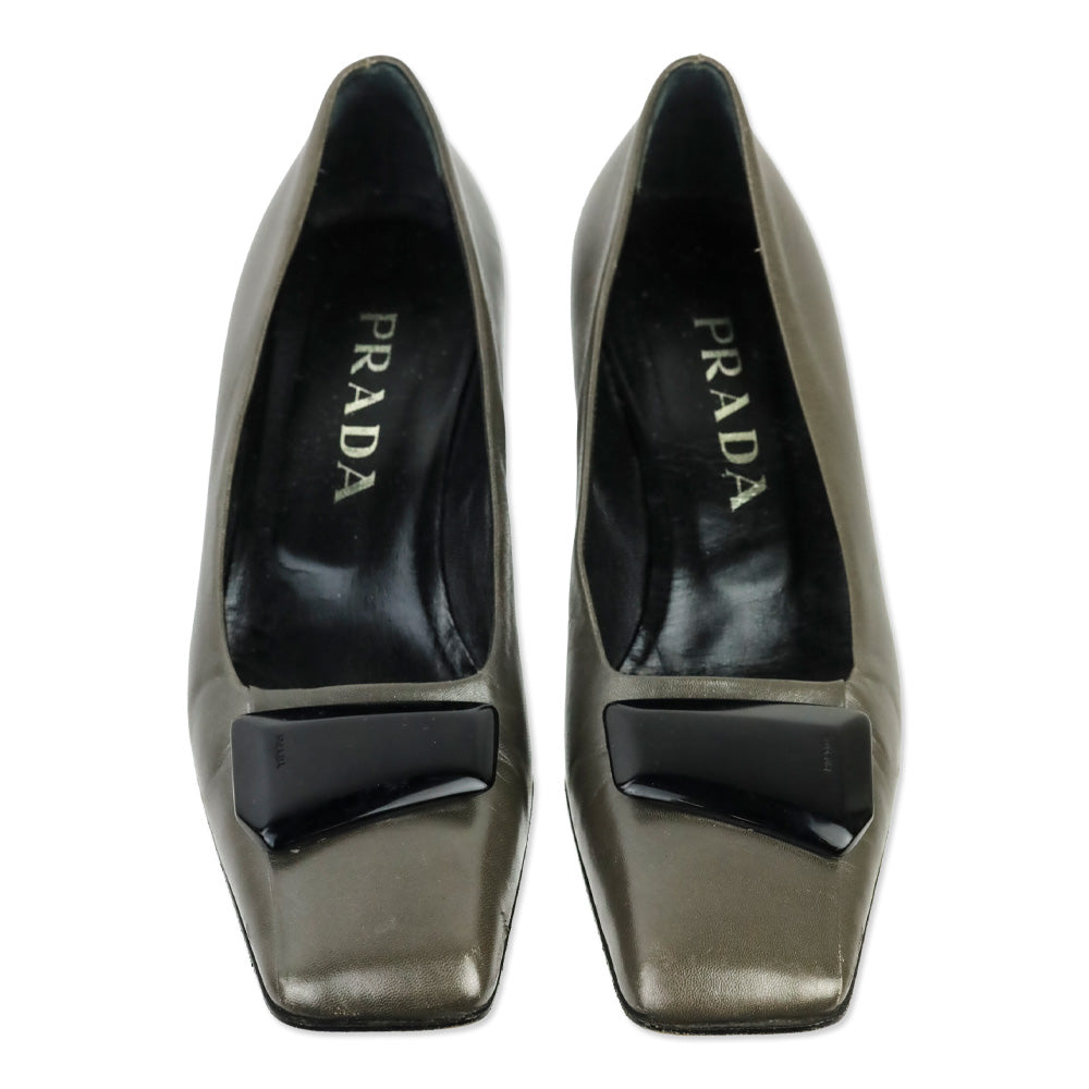 Prada Olive Grey Leather Square Toe Pumps with Black Brooch Accent