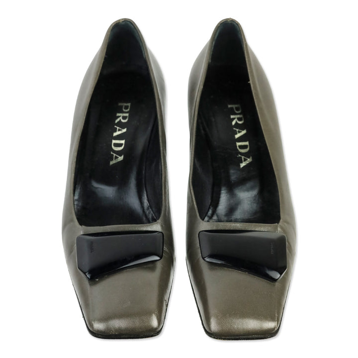 Prada Olive Grey Leather Square Toe Pumps with Black Brooch Accent