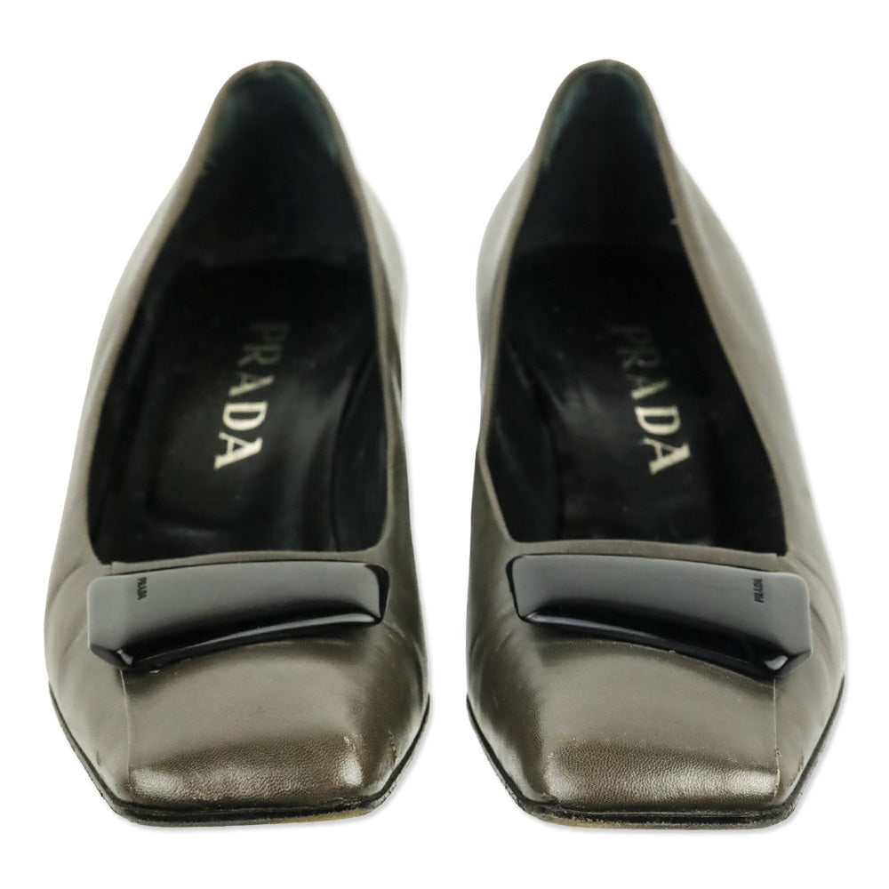 Prada Olive Grey Leather Square Toe Pumps with Black Brooch Accent