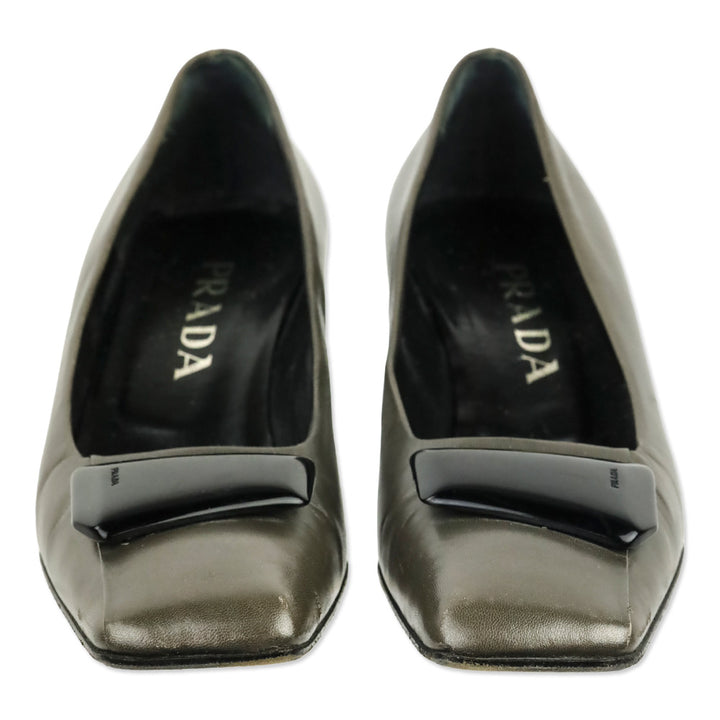 Prada Olive Grey Leather Square Toe Pumps with Black Brooch Accent