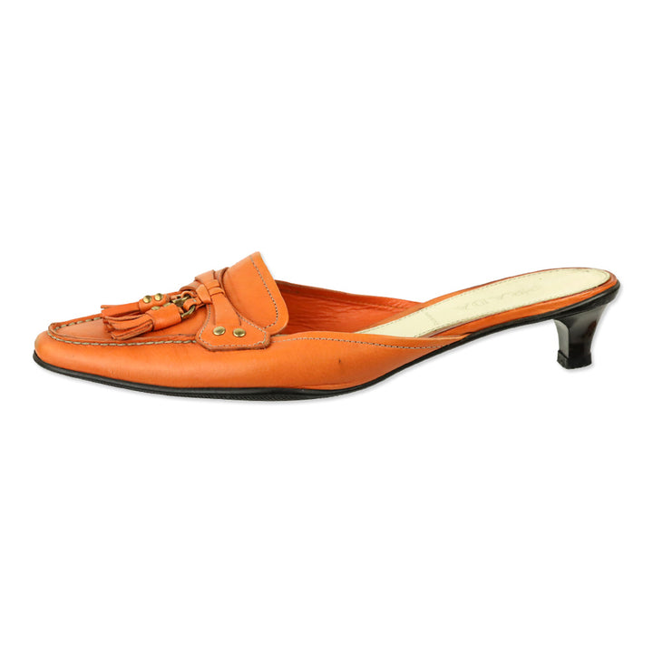 Prada Orange Leather Tassel Loafer Kitten Mule