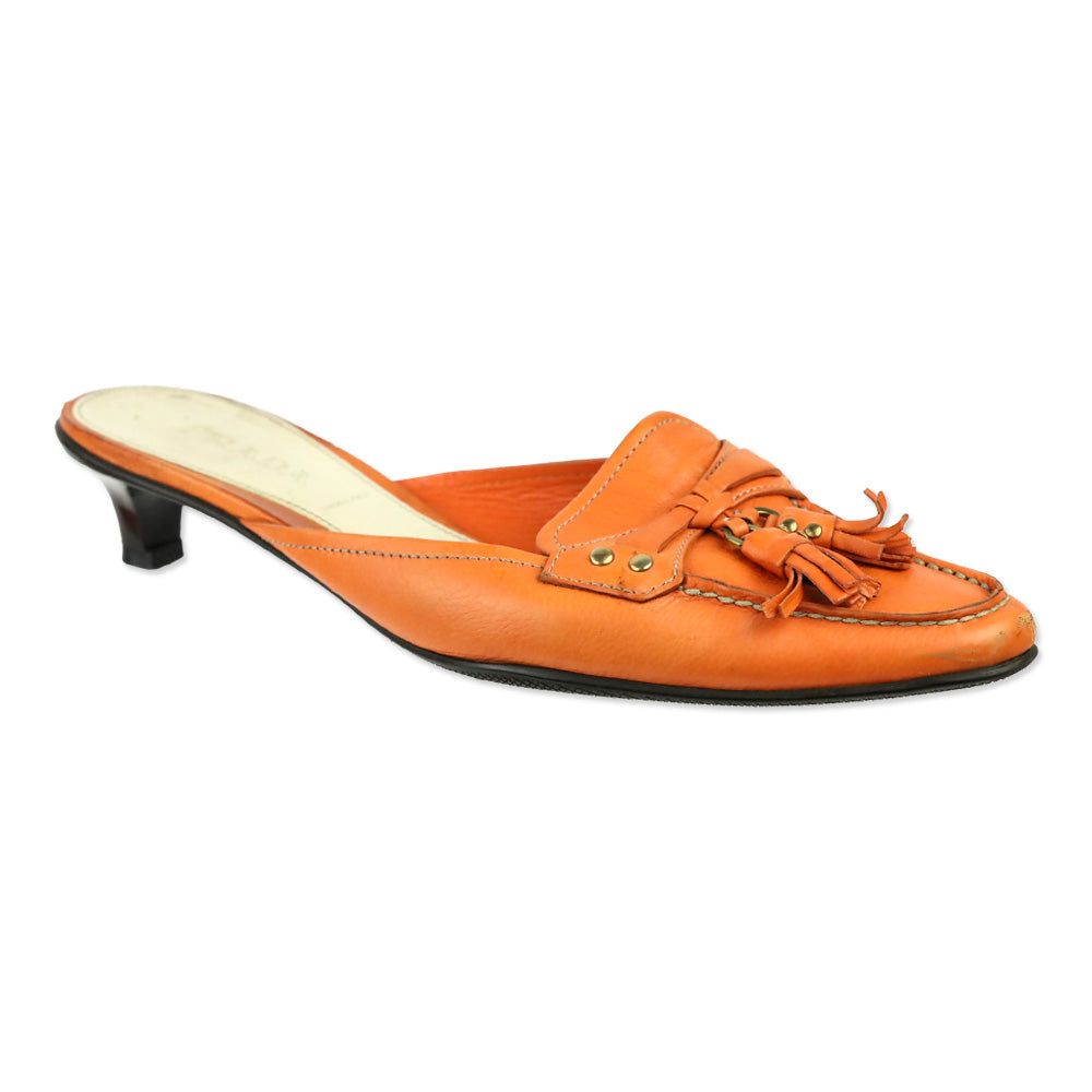 Prada Orange Leather Tassel Loafer Kitten Mule