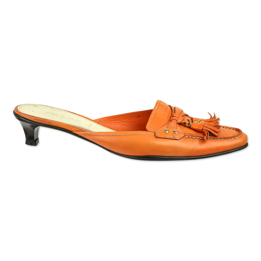 Prada Orange Leather Tassel Loafer Kitten Mule
