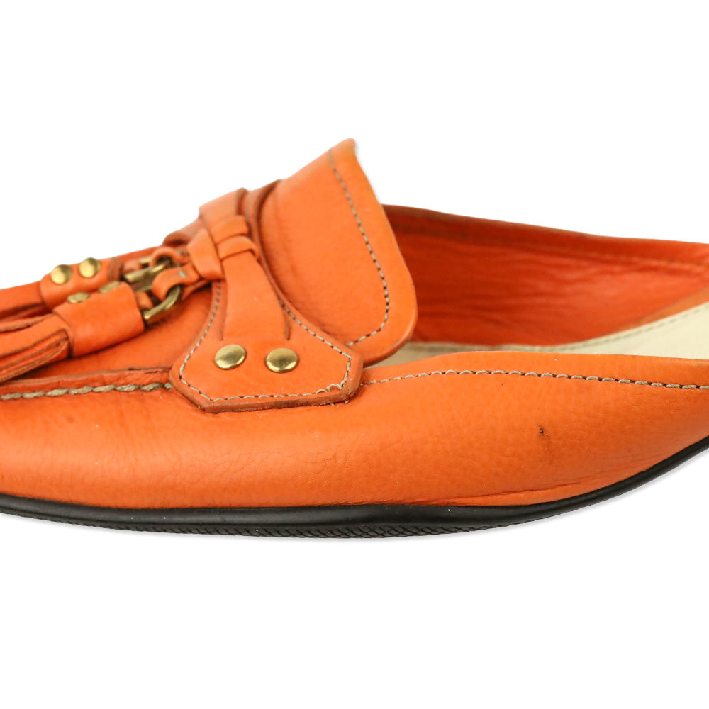 Prada Orange Leather Tassel Loafer Kitten Mule