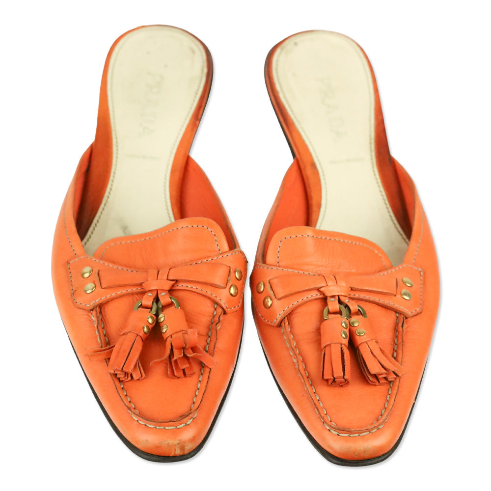 Prada Orange Leather Tassel Loafer Kitten Mule