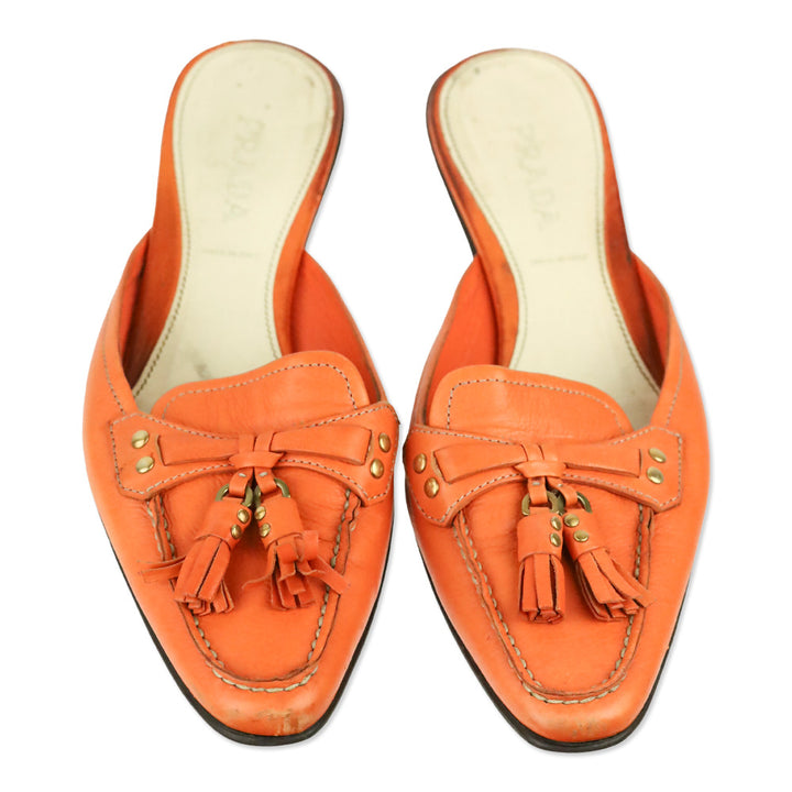 Prada Orange Leather Tassel Loafer Kitten Mule