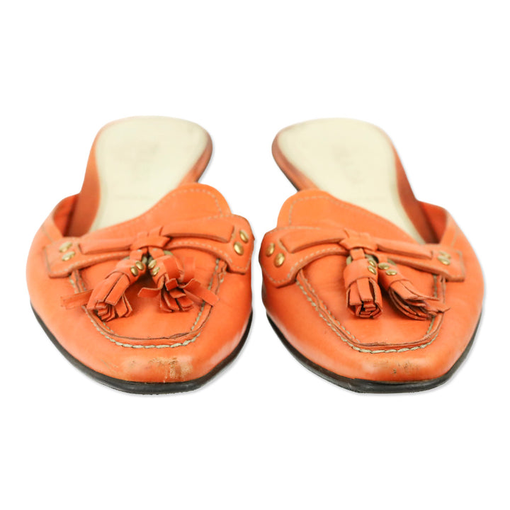 Prada Orange Leather Tassel Loafer Kitten Mule