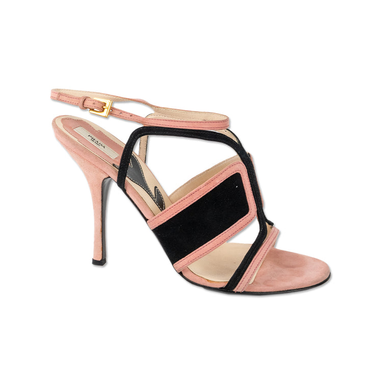 Prada Pink and Black Suede Cut Out Heeled Sandals