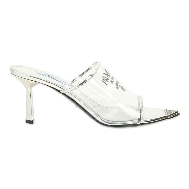 Prada Plexiglass Logo Metallic Argento Calfskin Metal 75mm Slide Sandals