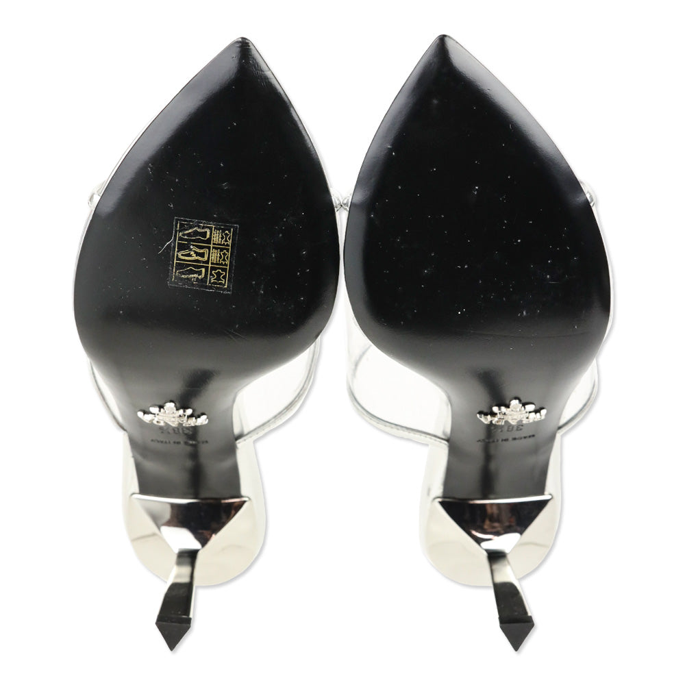 Prada Plexiglass Logo Metallic Argento Calfskin Metal 75mm Slide Sandals
