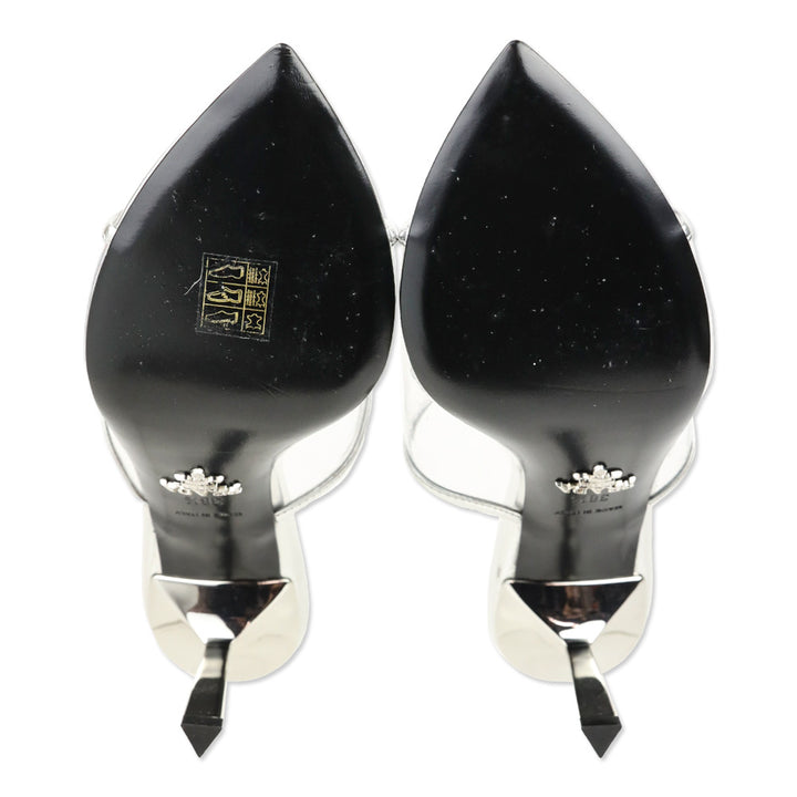 Prada Plexiglass Logo Metallic Argento Calfskin Metal 75mm Slide Sandals
