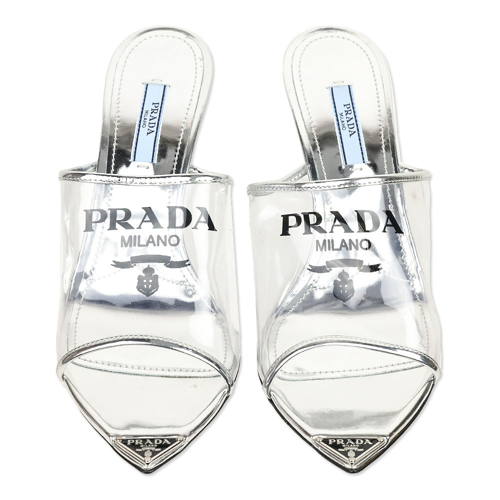 Prada Plexiglass Logo Metallic Argento Calfskin Metal 75mm Slide Sandals