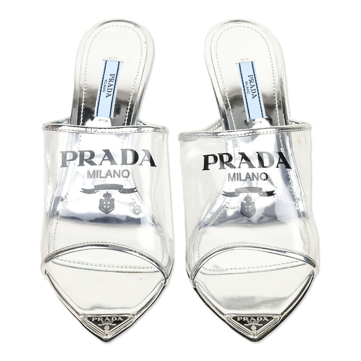 Prada Plexiglass Logo Metallic Argento Calfskin Metal 75mm Slide Sandals