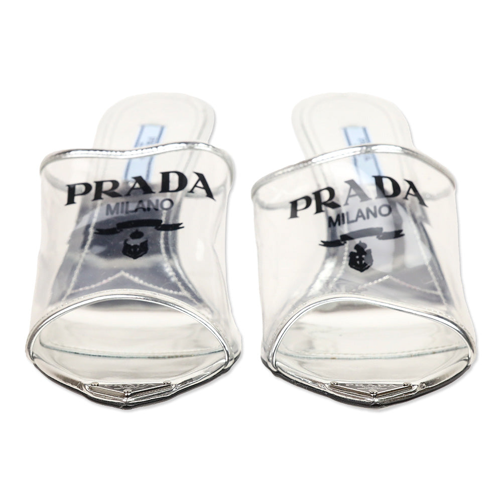 Prada Plexiglass Logo Metallic Argento Calfskin Metal 75mm Slide Sandals