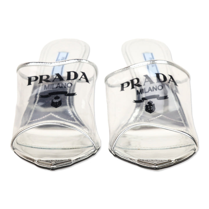 Prada Plexiglass Logo Metallic Argento Calfskin Metal 75mm Slide Sandals