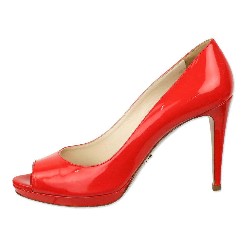 Prada Poppy Red Patent Leather Peep Toe Pumps